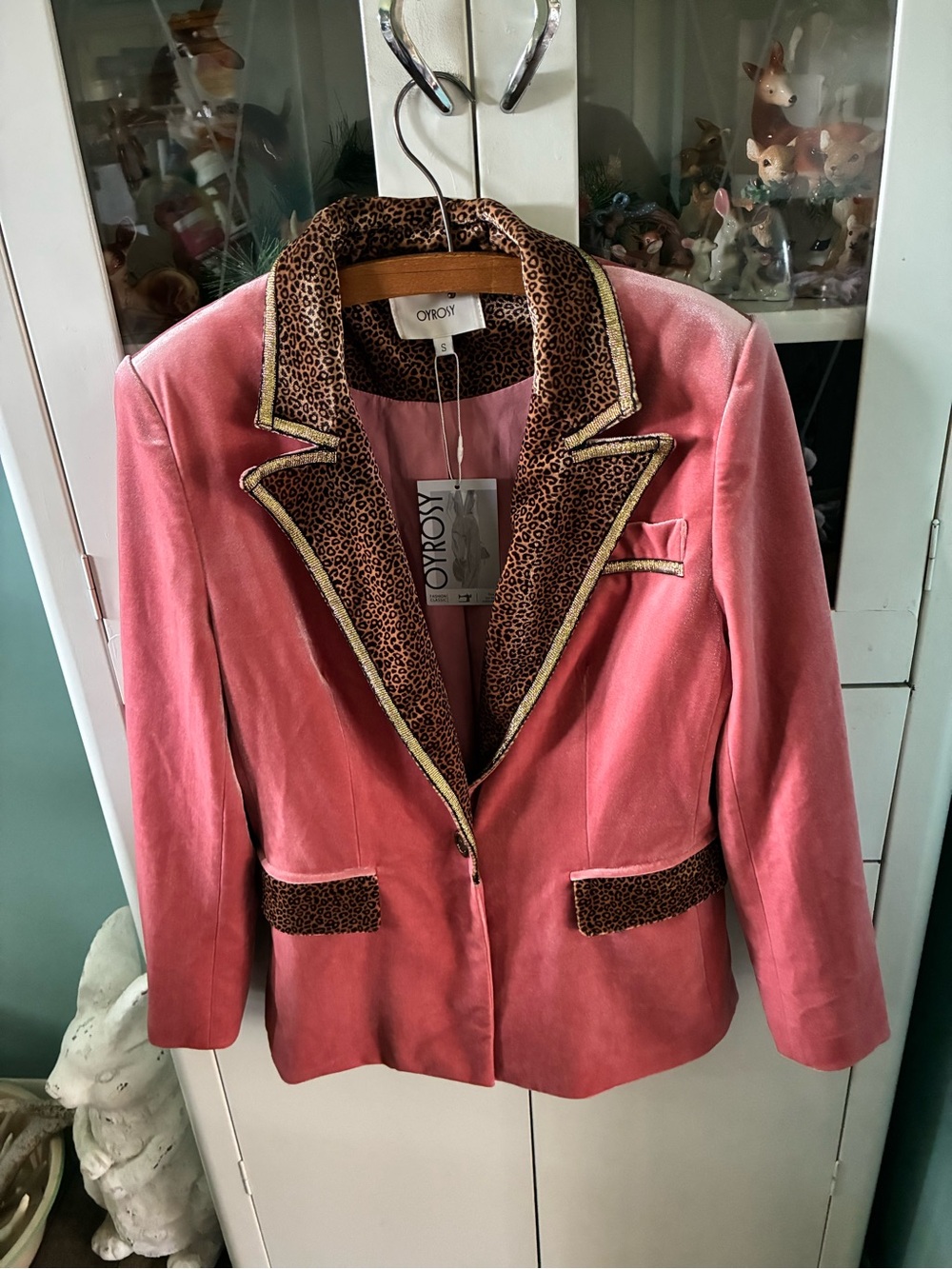 Oyrosy sz S Pink Velvet Blazer with Leopard Trim nwt